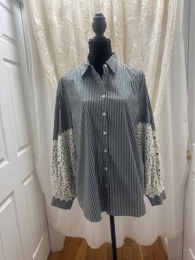 Chico’s Laced Sleeves Striped Button Shirt, Black/White, NWOT